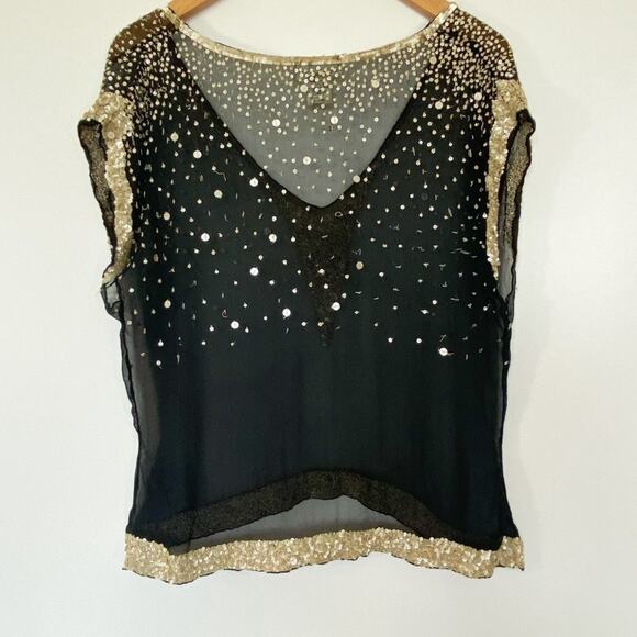 Vintage Shag Black Cream Sequin Embellished Blouse Top - Picture 3 of 16